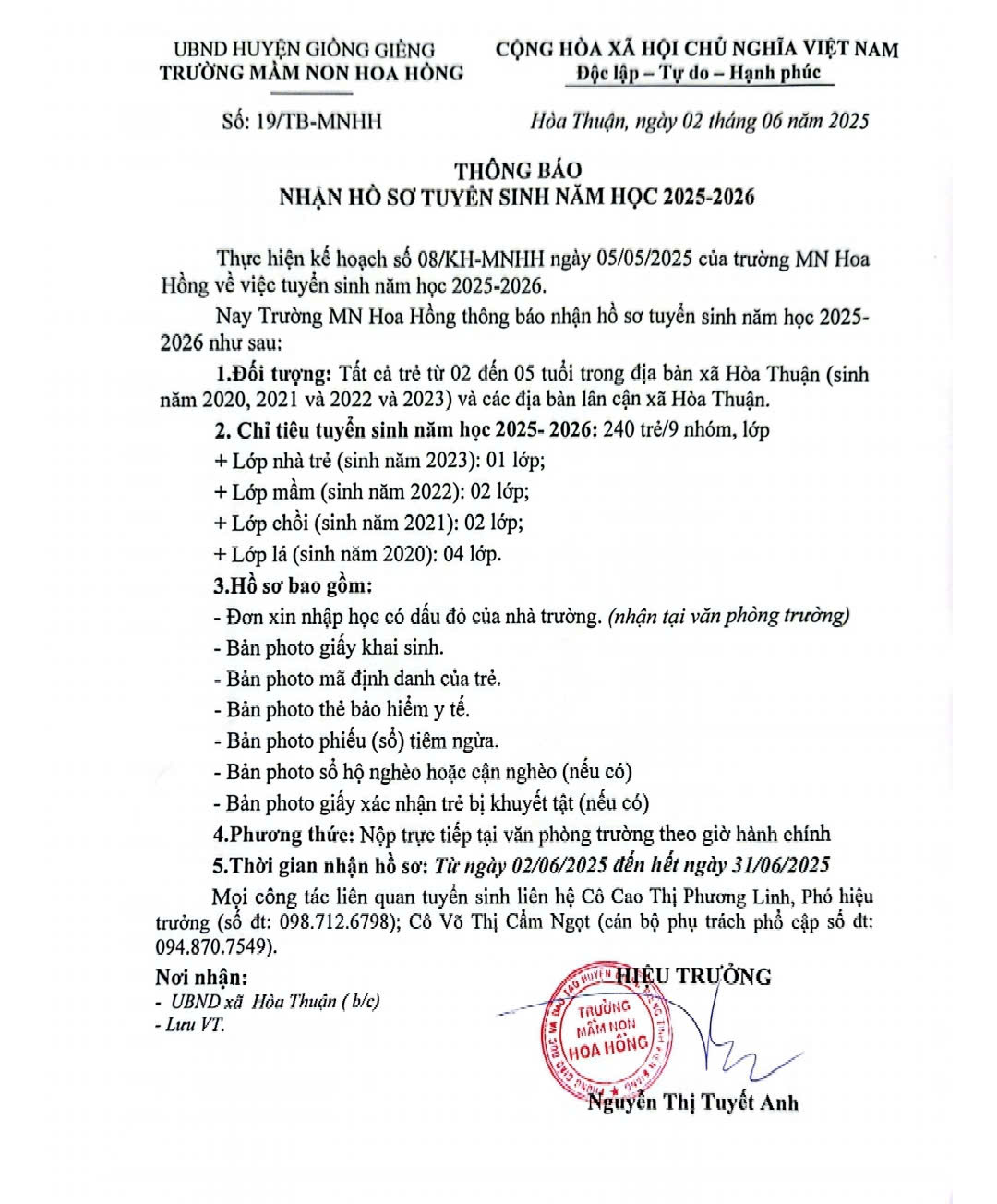 Thông báo tuyển sinh năm học 2025-2026